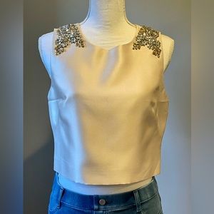 Eliza J - Champagne, Crystal-Encrusted Satin Twill Crop Top, 8